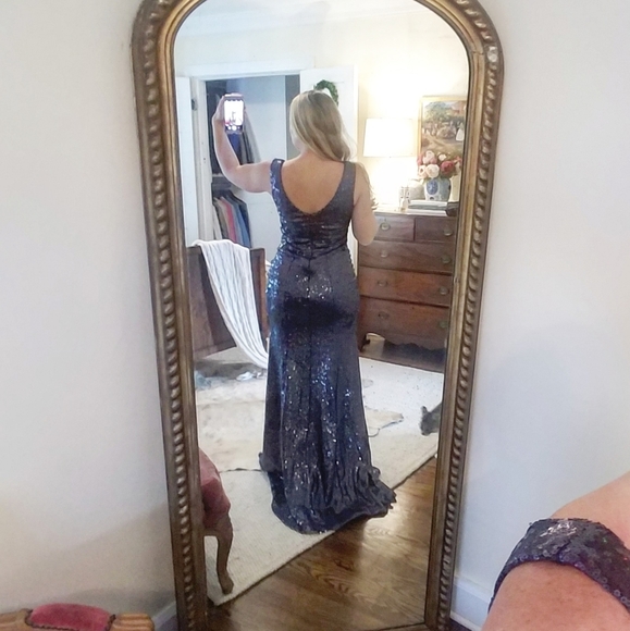 Floor length navy rainbow sequin maxi fishtail dress - Picture 5 of 6